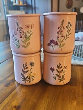 La Fermiere Reuseable Ceramic Jars W/ Decopaged Floral Design.  Set Of 4